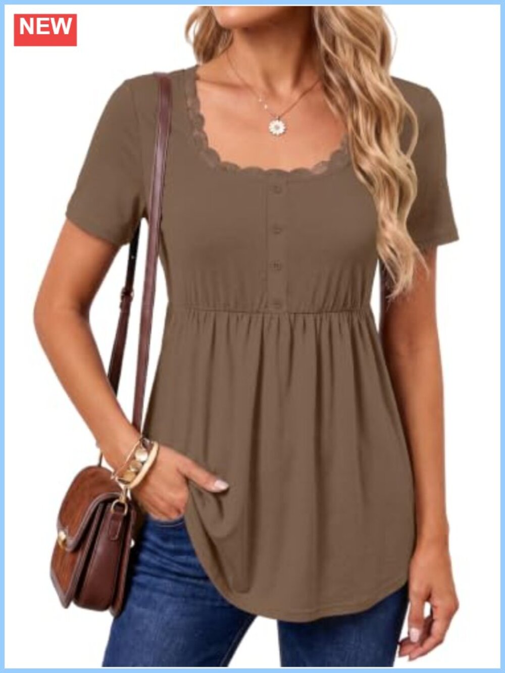 Short Sleeve Scoop Neck Lace Trim Peplum Tunic Top